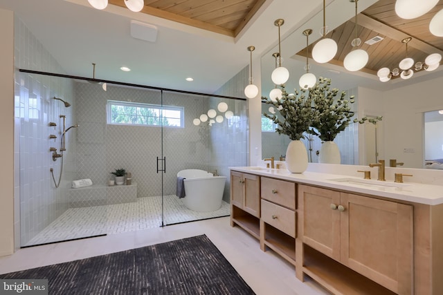 bathroom featuring vanity, tile walls, wooden ceiling, and plus walk in shower