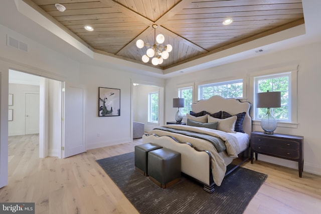 bedroom featuring light hardwood / wood-style floors, wooden ceiling, a tray ceiling, and a chandelier