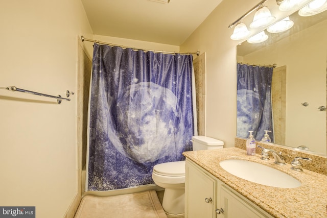 full bathroom with vanity, toilet, tile patterned floors, and shower / bath combo with shower curtain