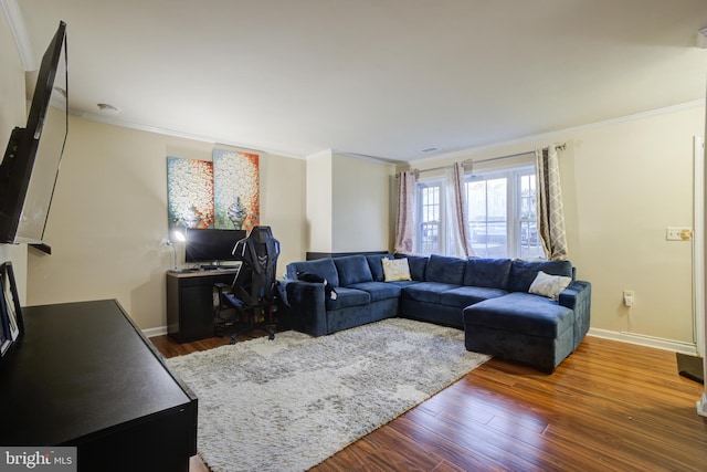 living room featuring ornamental molding and wood-type flooring