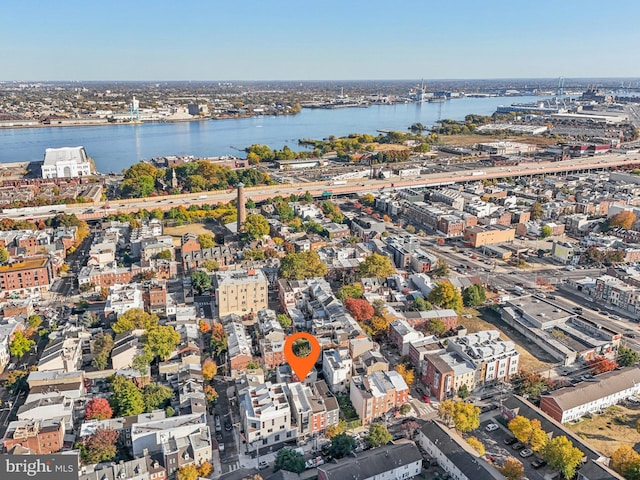 drone / aerial view with a water view