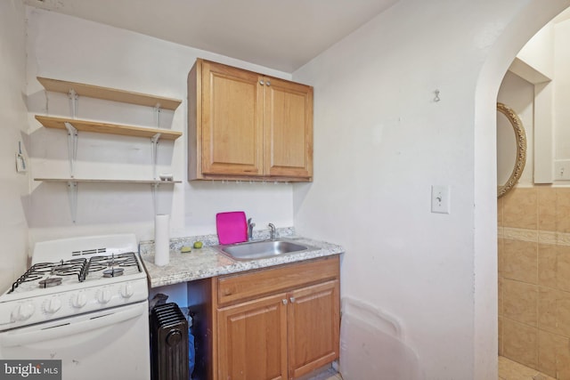 kitchen with white gas stove and sink