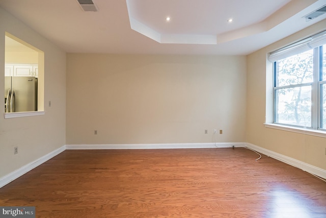 empty room with a raised ceiling and wood-type flooring