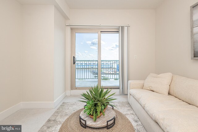 carpeted living room featuring a water view