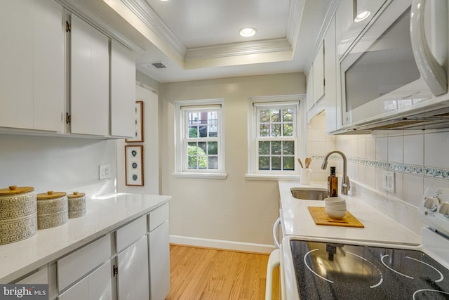 kitchen with sink, tasteful backsplash, a tray ceiling, ornamental molding, and light hardwood / wood-style floors