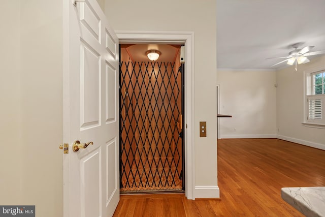 interior details with crown molding, hardwood / wood-style flooring, and ceiling fan