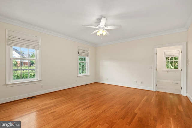 spare room featuring crown molding, a healthy amount of sunlight, light wood-type flooring, and ceiling fan