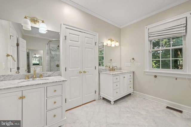 bathroom with vanity, ornamental molding, and a shower with door