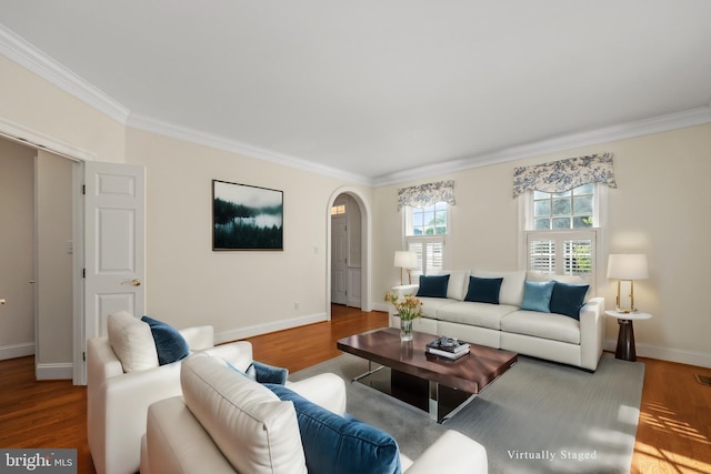 living room featuring crown molding and wood-type flooring