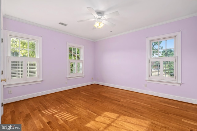 spare room featuring light hardwood / wood-style floors, a healthy amount of sunlight, and crown molding