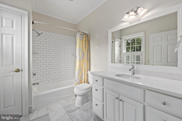 full bathroom featuring vanity, crown molding, shower / bath combo, and toilet