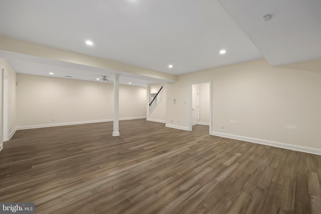 basement featuring dark wood-type flooring