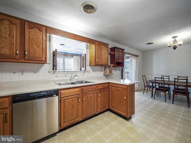 kitchen with sink, decorative backsplash, plenty of natural light, and dishwasher