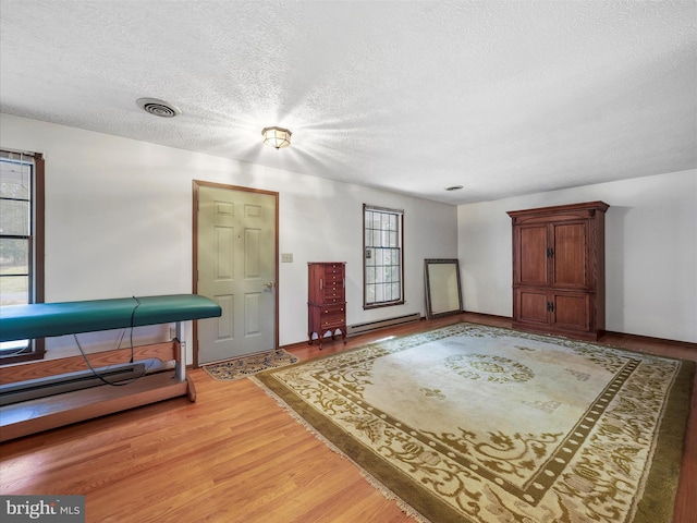 interior space featuring wood-type flooring, a textured ceiling, and baseboard heating