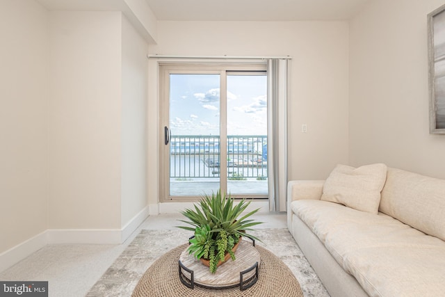 carpeted living room featuring a water view