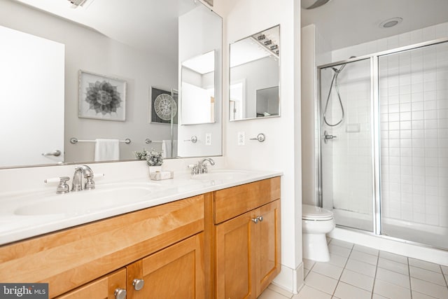 bathroom with vanity, tile patterned flooring, toilet, and walk in shower