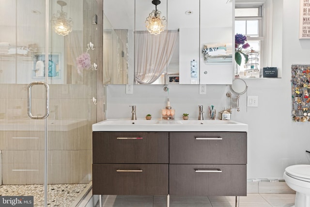 bathroom with vanity, toilet, and a shower with shower door