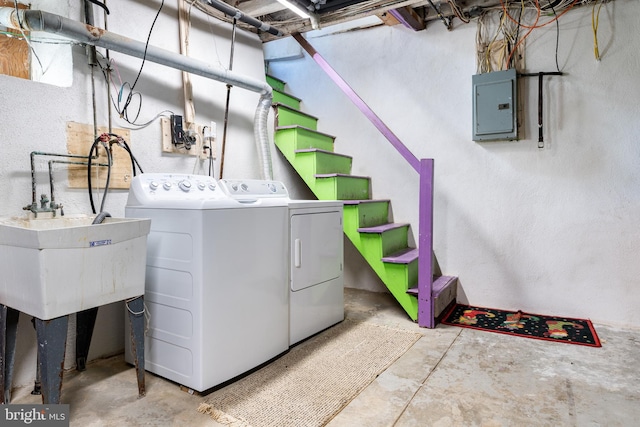 laundry room featuring electric panel and washing machine and dryer