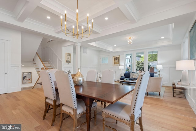 dining area with beamed ceiling, coffered ceiling, and light wood-type flooring