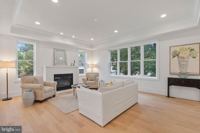 living room with a tray ceiling, ornamental molding, and light wood finished floors