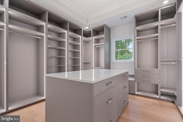 spacious closet featuring visible vents and light wood-style flooring