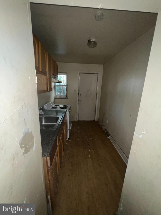 kitchen with dark wood-type flooring, sink, and white electric range oven