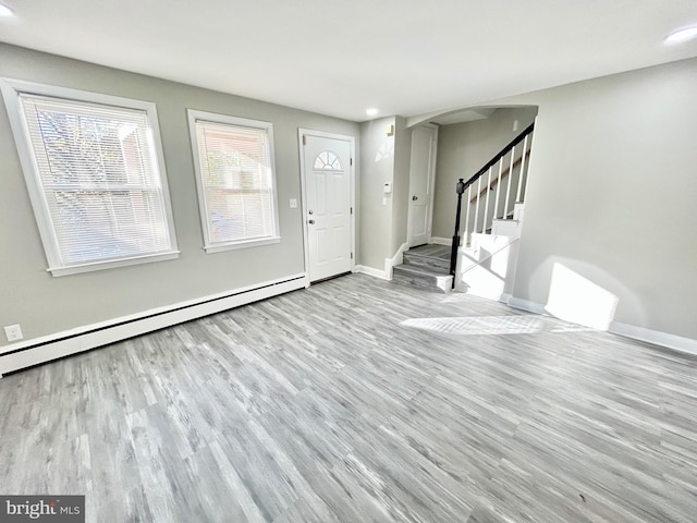 entrance foyer featuring light hardwood / wood-style flooring and a baseboard heating unit