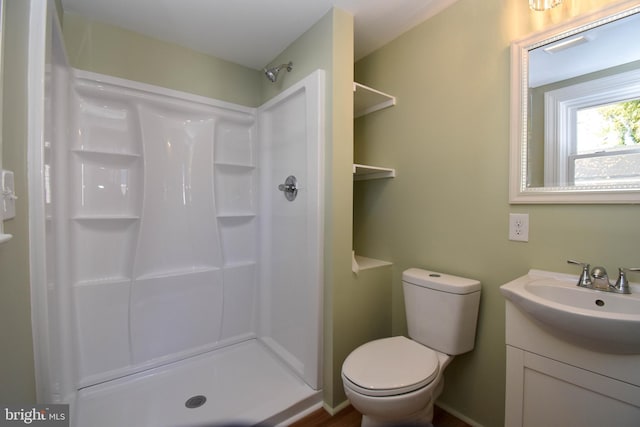 bathroom with vanity, walk in shower, and toilet