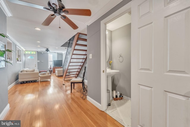 corridor featuring light wood-type flooring and crown molding