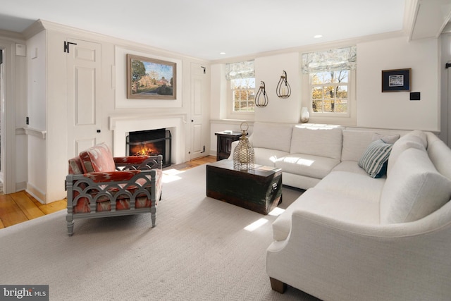 living room featuring ornamental molding and light hardwood / wood-style floors