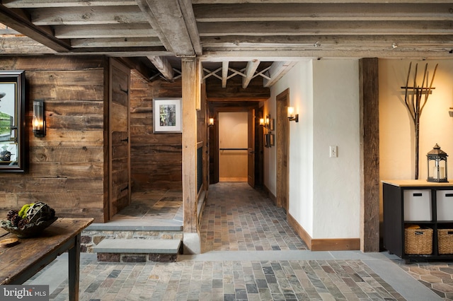 hall with wood walls