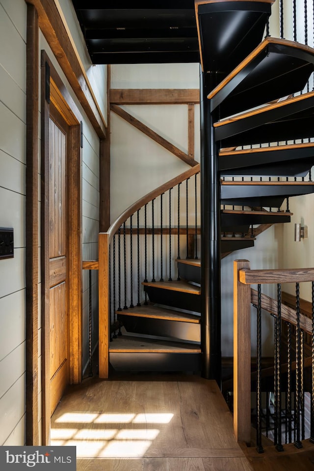 stairway with wood walls and wood-type flooring