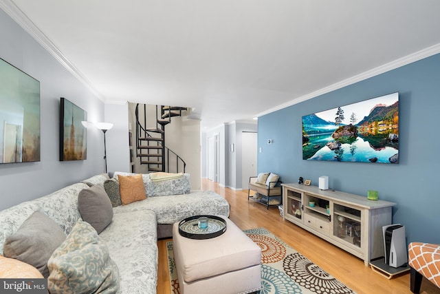 living room with light hardwood / wood-style floors and ornamental molding