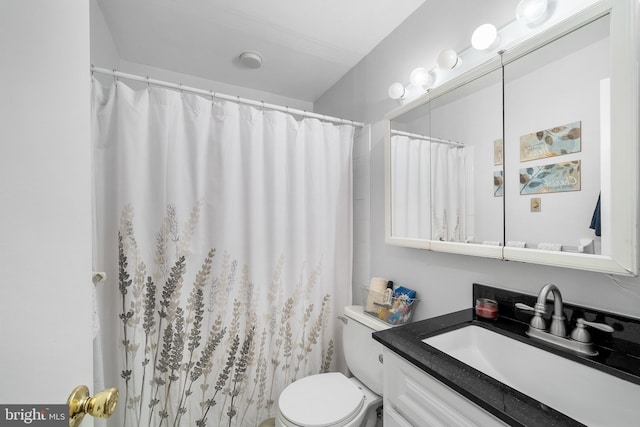 bathroom with vanity, toilet, and a shower with shower curtain