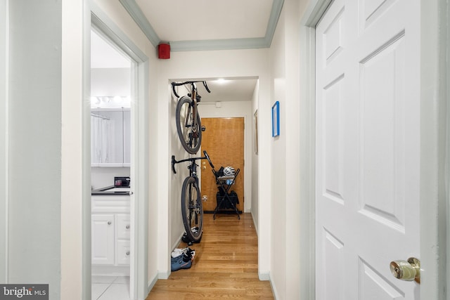 corridor featuring light hardwood / wood-style floors and crown molding