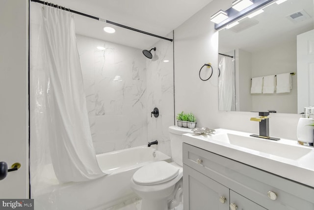 full bathroom featuring vanity, toilet, and shower / bathtub combination with curtain