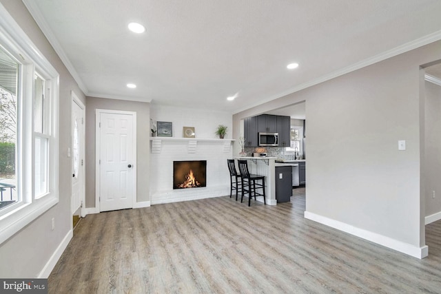 unfurnished living room featuring a fireplace, crown molding, light hardwood / wood-style flooring, and sink