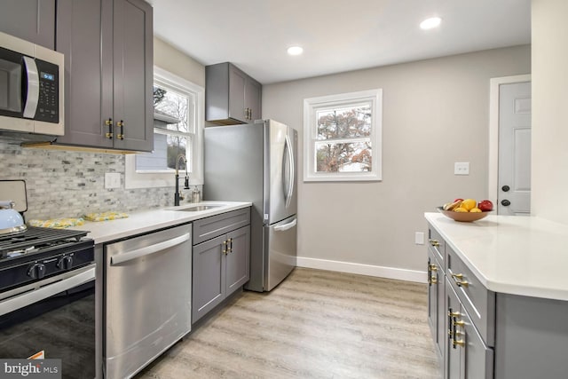 kitchen with gray cabinetry, sink, and stainless steel appliances