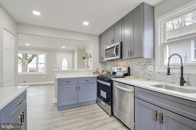 kitchen with sink, gray cabinets, light wood-type flooring, appliances with stainless steel finishes, and tasteful backsplash