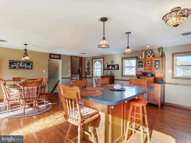 kitchen with hardwood / wood-style flooring, plenty of natural light, and hanging light fixtures