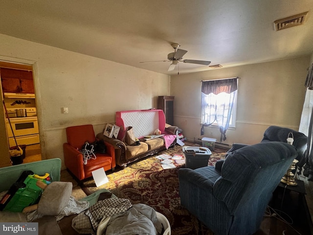 living room with ceiling fan