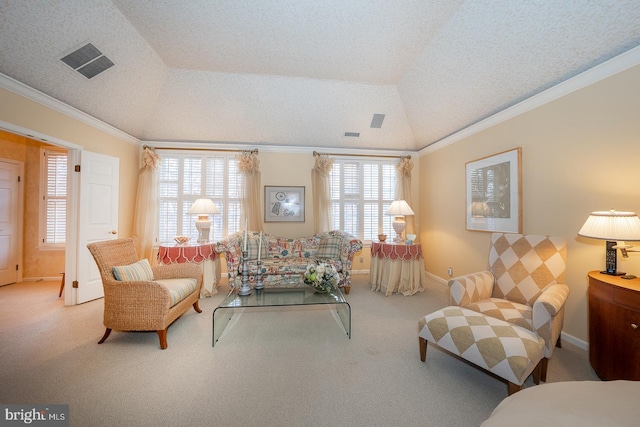 living room featuring ornamental molding, carpet, a textured ceiling, and lofted ceiling