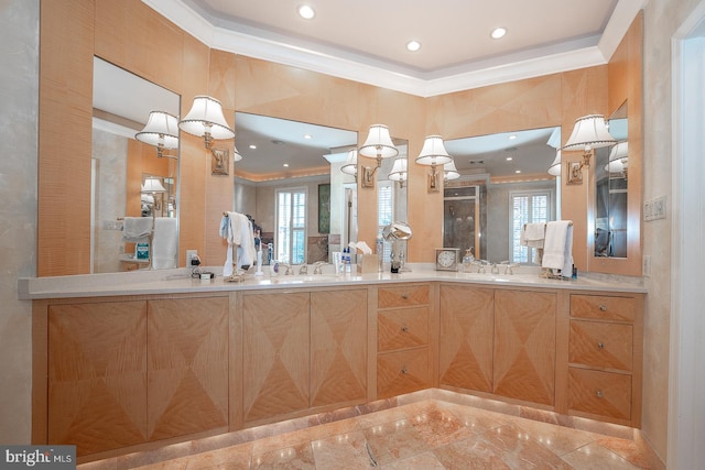 bathroom with vanity and crown molding