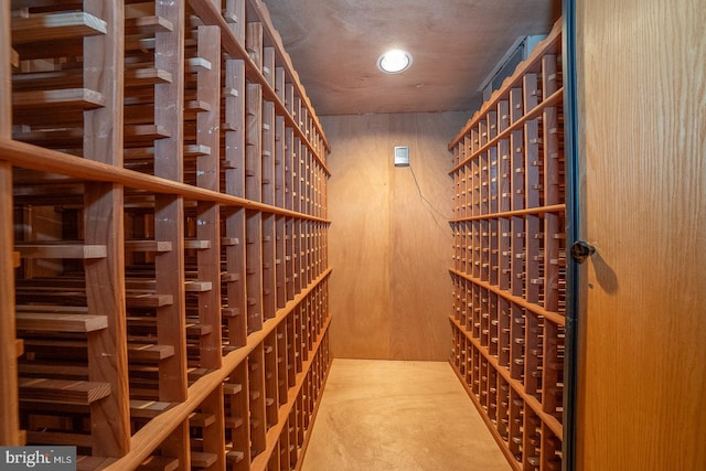 wine room with wood walls and carpet flooring