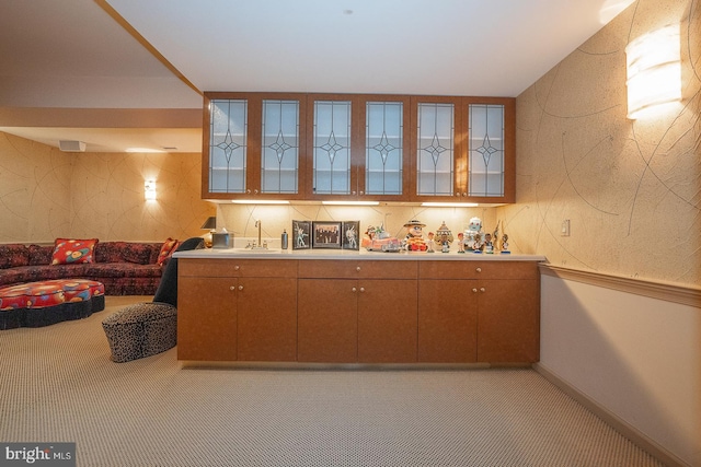 kitchen with light carpet and sink