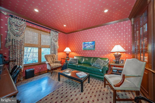 living room with ornamental molding