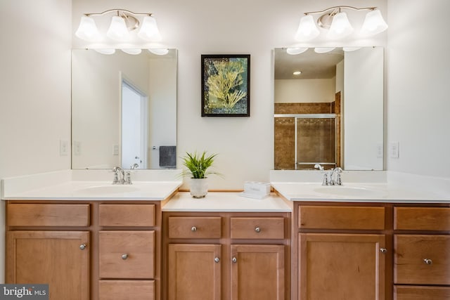 bathroom featuring vanity and an enclosed shower