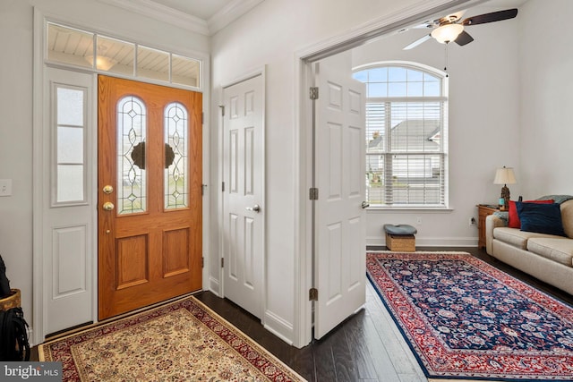 entrance foyer featuring crown molding, dark hardwood / wood-style flooring, and ceiling fan