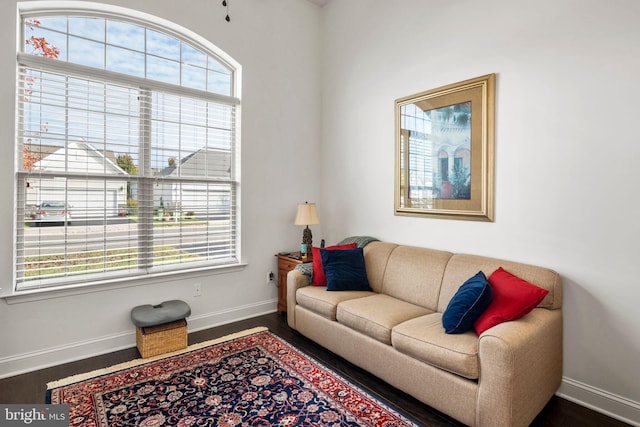 living room with dark wood-type flooring and plenty of natural light