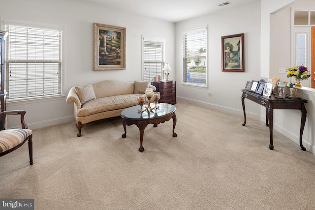 living room with light colored carpet and a healthy amount of sunlight